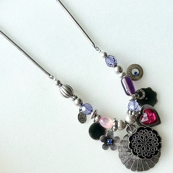 Tribal Sterling Silver Bib Necklace Purple Blue Pink Red Charms Snake Link 12” - Picture 8 of 11